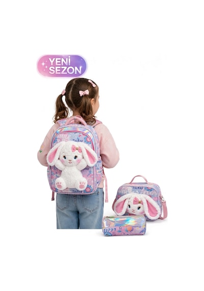 Markahit Premium Kız Çocuk Peluş Tavşanlı Anaokulu Ve İlkokul Sırt Çantası Termal Beslenme Çantası Ve Kalemli Mavi