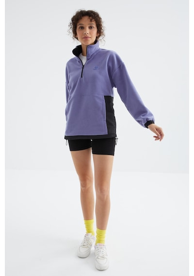 Tommy Life Açık Eflatun Yarım Fermuar Etek Ucu Büzgülü Dik Yaka Oversize Kadın Polar Sweatshirt - 97236 Eflatun