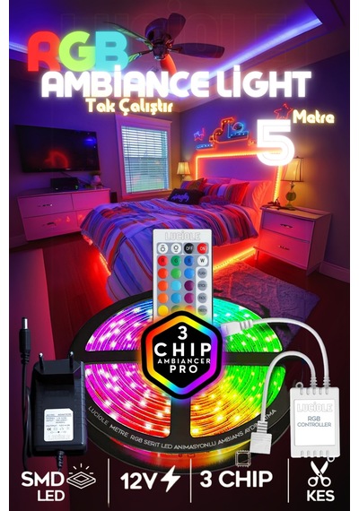 5 Mt Şerit Led Animasyonlu Tak Çalıştır Kumandalı Rgb Işık Duvar Aydınlatma Ambiyans Parti Led