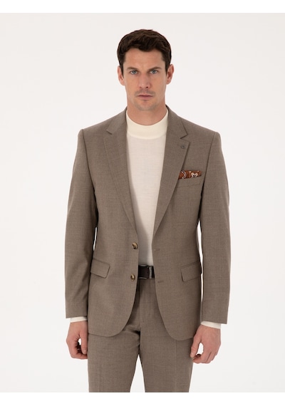 Cacharel Camel Slim Fit Yün Karışımlı Mikro Desenli Klasik Ceket Kahverengi