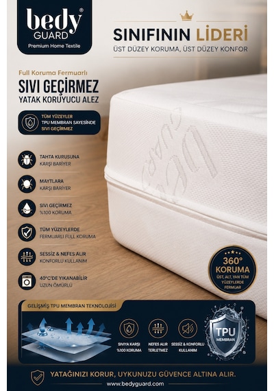 Full Koruma Fermuarlı Sıvı Geçirmez Yatak Koruyucu Alez Yükseklik Tek K.:26cm, Çift K.:35cm Beyaz Beyaz