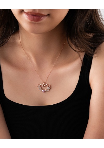925 Ayar Zirkon Taşlı Rose Birleşen Kuğular Kalp Motifli Gümüş Aşk Kolyesi Rn10315 Gümüş