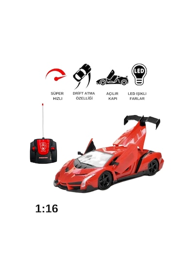 Uzaktan Kumandalı Işıklı Spor Araba - 1:16 Büyük Boy Açılır Kapı Ve Bagajlı Oyuncak Araba Kırmızı Lamborghini