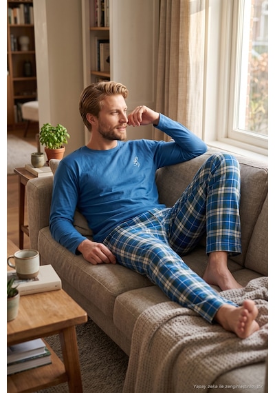 Buratti Ekoseli Pamuklu Bisiklet Yaka Uzun Kollu Pijama Takımı Erkek Pijama Takımı 6575003 İndigo