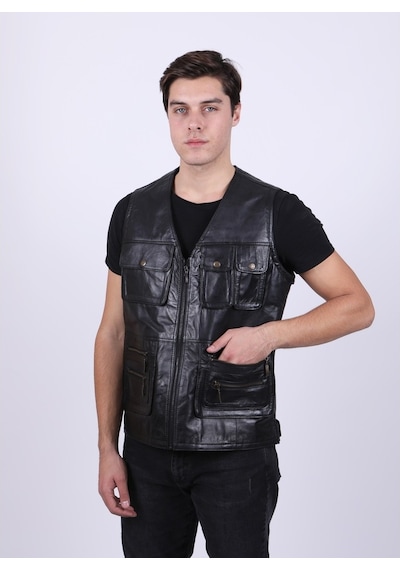 New Zaya Leather Erkek Siyah Deri Yelek (468581124)