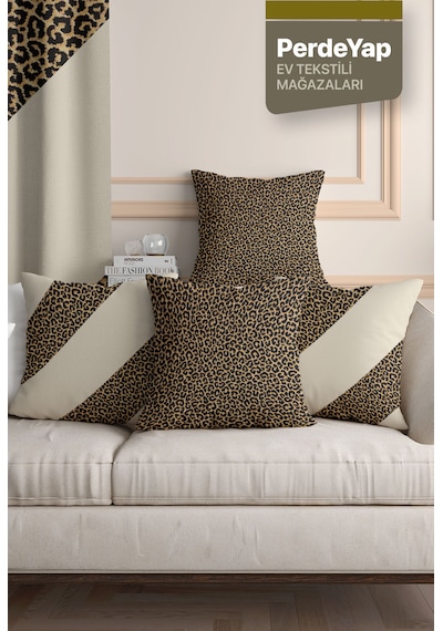 Leopar Desenli 4'lü Dijital Baskılı Kırlent Kılıfı 43 X 43 Cm Bej