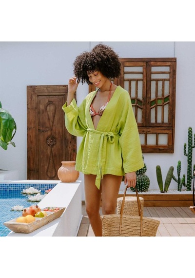 Miespiga Pamuklu Dokuma Beli Kuşaklı Mini Kadın Kimono Kaftan - Standart Yeşil