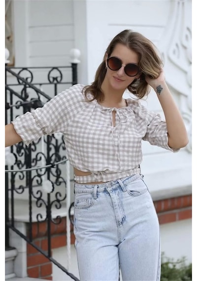 Lodmela Bağlama Detaylı Crop Bluz 1736vizon