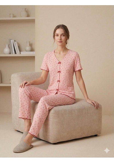 Sleeproom Yazlık Pembe Kiraz Desenli Kısa Kol Penye %100 Pamuk Pijama Takım Pembe Kırmızı Kiraz