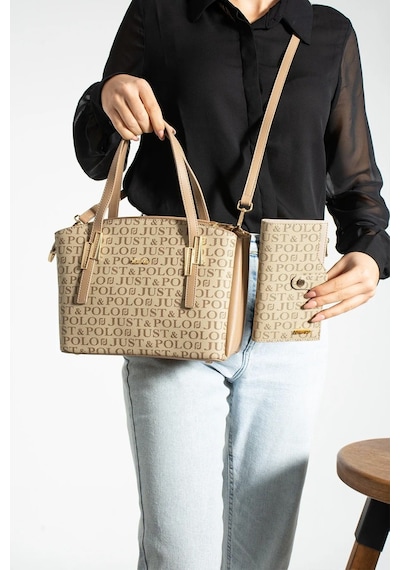 Just Polo Kadın Gri Camel Büyük Boy 5 Bölmeli Omuz Çantası Ve Cüzdanı Kombin 234030mh Gri - Camel