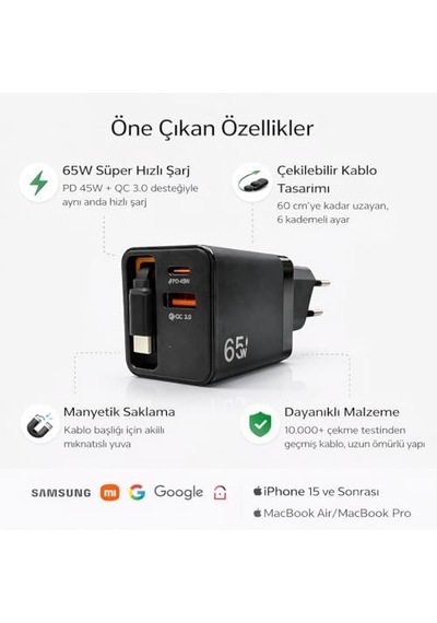 Ayrex 65w Süper Hızlı Şarj Adaptörü Pd 45w + Qc 3.0 Çekilebilir Kablolu