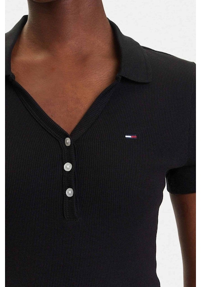 Tommy Hilfiger Kadın Polo Yaka Fit & Flare Kesim Fitilli Elbise - Siyah-8677 Triple Black