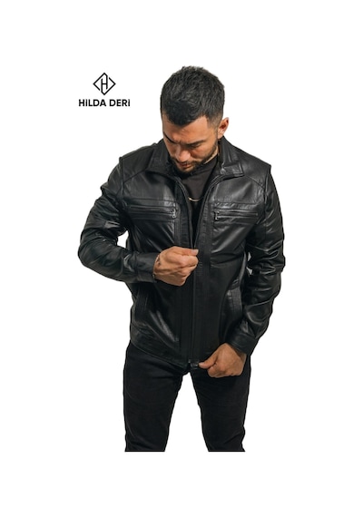 Hilda Deri Cengiz Khan Siyah Hakiki Deri Erkek Ceket 001