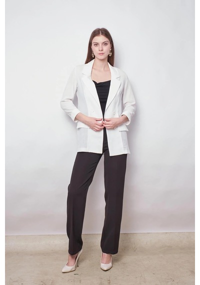 Yazlık Likrasız Keten Kumaş Yakalı Cep Kapaklı Oversize Blazer Ceket-beyaz Beyaz
