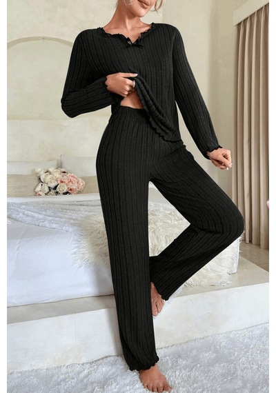 Moda Dua Kadın Siyah Uzun Kollu Fiyonklu Yuvarlak Yaka Mevsimlik Pijama Takımı