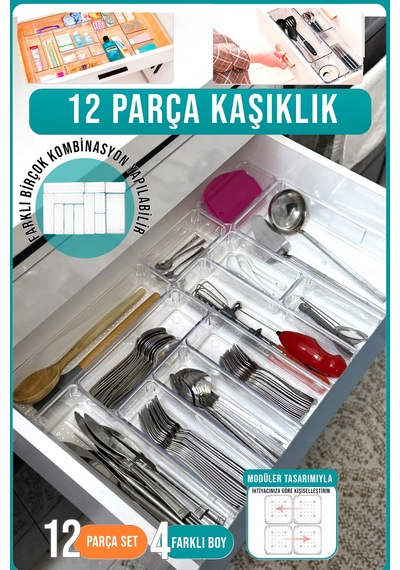 12'li Kaşık Ve Kepçe Düzenleyici Modüler Organizer Çekmece İçi Düzenleyici Çift Çekmece Kullanılır Şeffaf