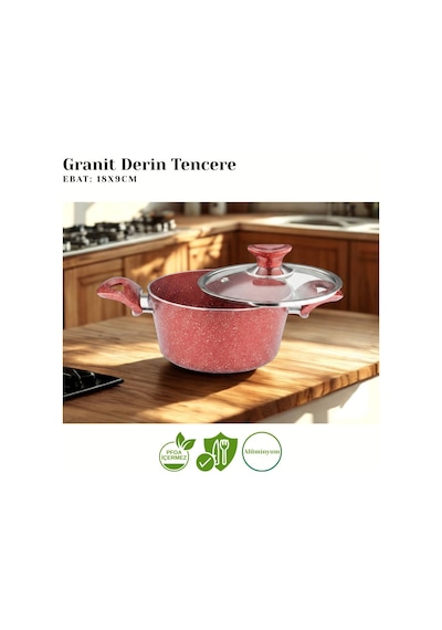 10 Parça Granit Set Cam Kapak - Kırmızı Kırmızı