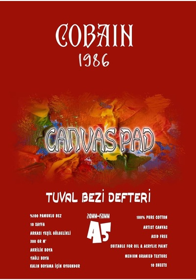 Cobain 1986 Tuval Bezli Resim Defteri - Akrilik, Yağlıboya & Guaj Uyumlu 300gr A5