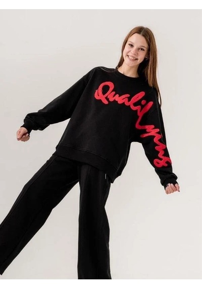 Kız Çocuk Quality Yazılı Pamuklu Sweatshirt-14780 Siyah