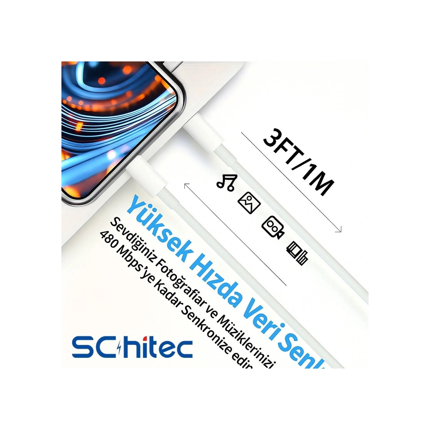 Schitec 3a 60w Type-c To Lightning Hızlı Data Ve Şarj Kablosu 1 Metre Beyaz Sx251m