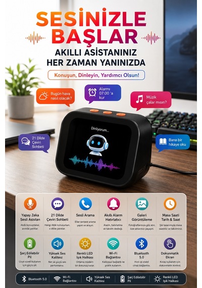 Yapay Zeka Sesli Asistan Akıllı Bluetooth Hoparlör AI Sohbet 21 Dil Çeviri Dokunmatik Ekran Dijital Masa Saati Bluetooth 5.4