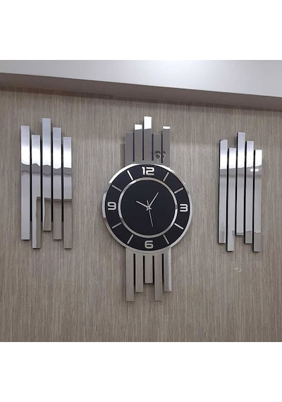Gümüş Renk Aynalı Pleksi Modern Tasarım Oval Duvar Saati Tablo 3 Lü Set Sessiz Mekanizma Saat 70x35cm Tablo 50x20 Cm Ahşap - Gümüş - Siyah