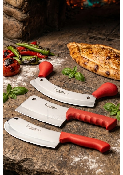 Lazbisa Mft-376 Silver Serisi Pide Börek Mutfak Bıçağı Salata Pizza Bıçak Kıyma Ve Tavuk Satırı 3 Lü Set Kırmızı