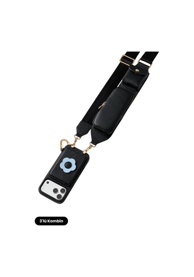 Hera Apple Uyumlu iPhone 18 Pro / 17 Pro Uyumlu Çiçek Magsafe Cüzdan, Cepli Gözlük Askısı, Kılıf 3'lü Siyah Set