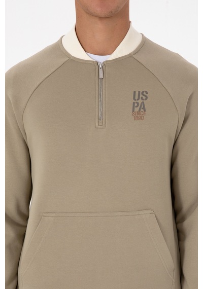 U.S. Polo Assn. Erkek Yarım Fermuarlı Comfort Fit Açık Haki Basic Sweatshirt 50316303-VR183