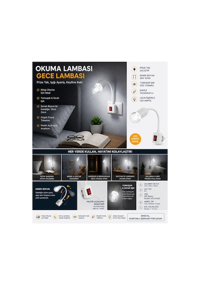 Esnek Boyunlu Priz Tipi Okuma Lambası Gece Lambası E27 Anahtarlı 4w Rustik Led Ampul Dahil Beyaz