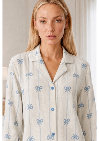 Kadın Desenli Relaxed Beyaz Pijama Takımı 4661
