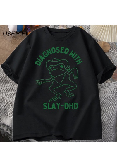 Flood Of Style Katlet-dhd İle Teşhis Kadın Erkek Pamuklu T-shirt Komik Seyahat Giyim Yaz Kurbağa Grafik Tshi Siyah