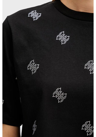 Guess Silvy 4g Ss Cn % 100 Pamuk Boxy Fit Taşlı T Shirt Bayan T Shirt V6gı18 K2985 Jblk Siyah