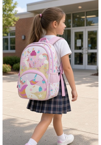 Kız Çocuk İlkokul Sırt Çantası Pegasus Unicorn Baskılı 3 Bölmeli 16l Matara Cepli 39x29x16cm Çok Renkli