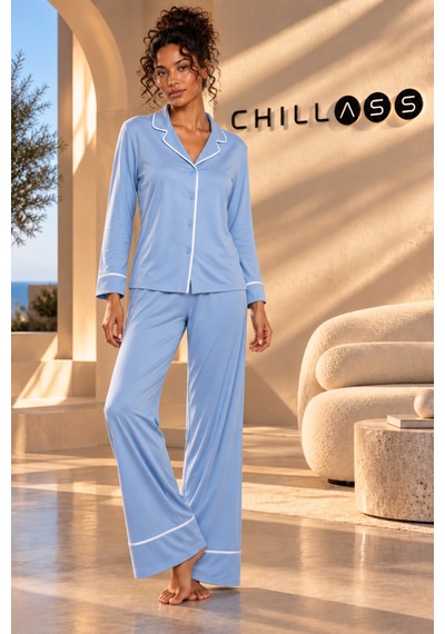 Chıllass Kadın Pamuklu Uzun Kollu Pijama Takımı Önden Düğmeli Açık Mavi Açık Mavi