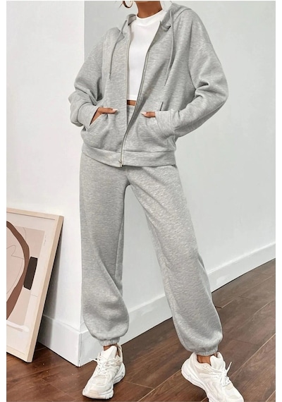 Hırsch Unisex Gri Oversize Alt Üst 2'li Eşofman Hırka Takım Gri