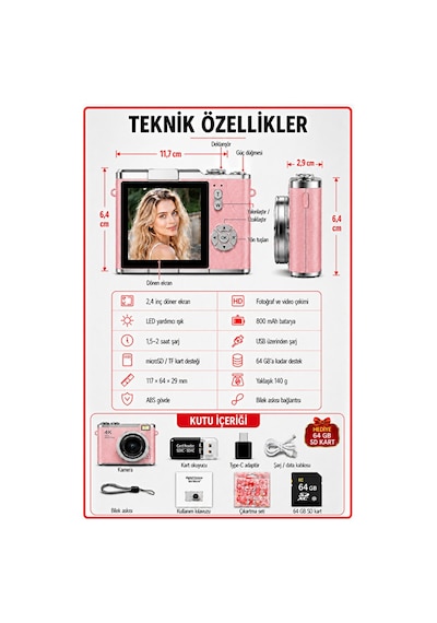 Solvis 4k Dijital Retro Fotoğraf Makinesi 48mp 18x Zoom 180 Dönen Ekran Flaşlı 64gb Sd Kart  Selfie Vlog Kamera Pembe