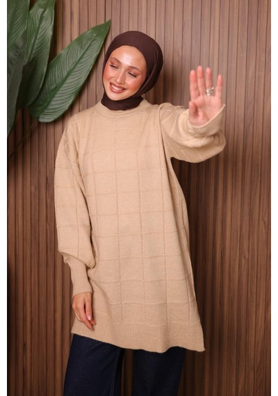 Balenbi Kare Dokulu Oversize Yumoş Tesettür Triko Tunik 7012 Bej