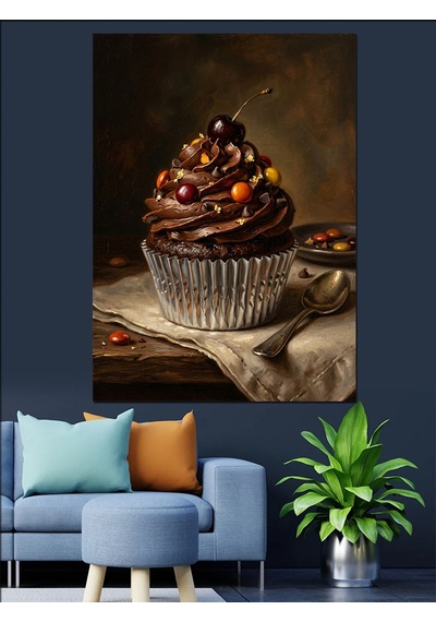 Çikolatalı Ve Renkli Draje Süslemeli Cupcake Dekoratif Kanvas - Mdf Ahşap Tablo