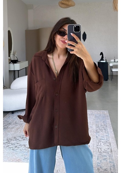 Paw Garage Kadın Flory Ayrobin Oversize Tek Cep Gömlek Kahverengi