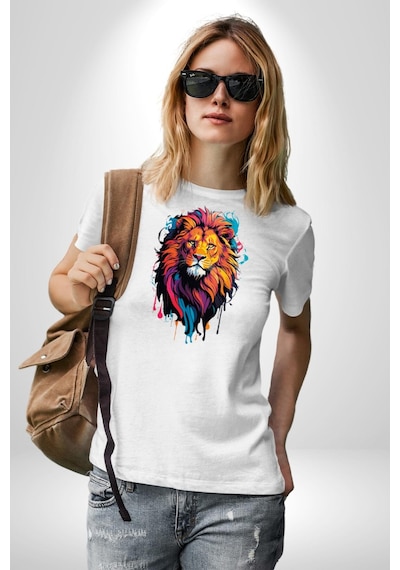 Renkli Yağlı Boya Aslan Unisex Unisex Beyaz Organik Baskılı T-shirt Penye Yüksek Kalite Beyaz