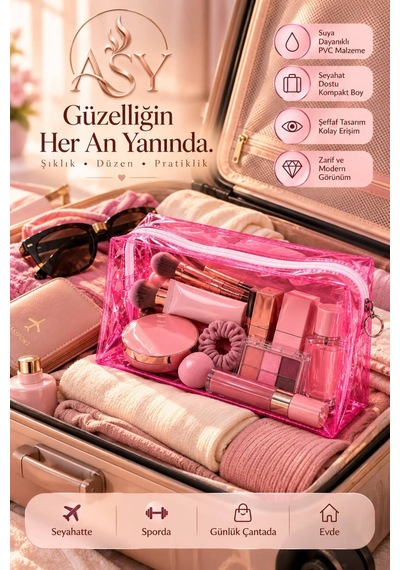 Su Geçirmez Pvc Makyaj Çantası, Fermuarlı Kozmetik Ve Seyahat Organizeri Pembe - 940904343