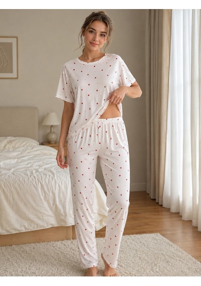 Esra Butik78 Kadın Milan Kumaş Kısa Kollu Pijama Takımı Beyaz/krem Desenli
