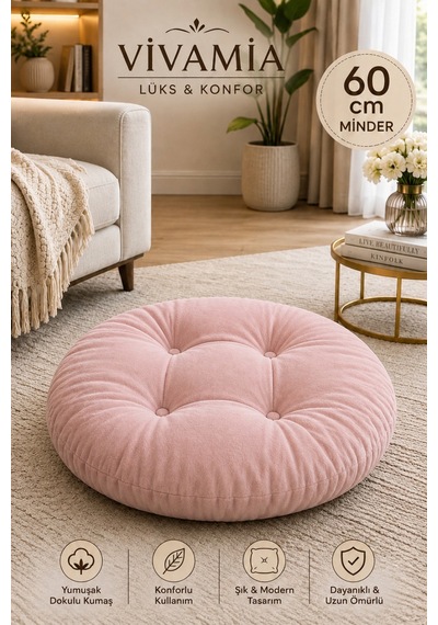 Yuvarlak Kapitone Dekoratif Petek Önü Oturma Yer Minderi 60 Cm Pembe Pembe