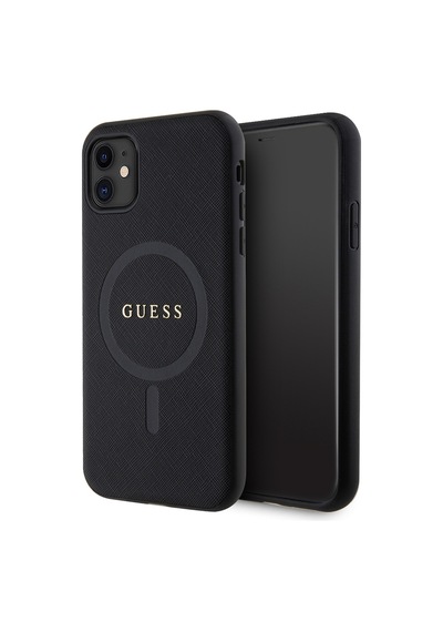 Apple Uyumlu iPhone 11 Kılıf Guess Lisanslı Magsafe Şarj Özellikli Yazı Logolu Saffiano Classic Kapak Siyah
