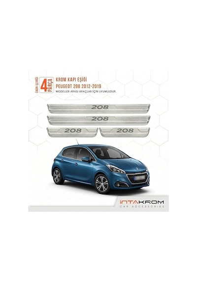 Peugeot 208 2012-2019 Uyumlu Satine Krom Kapı Koruma Eşiği 4 Parç