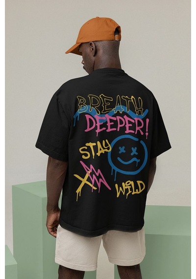 Breath Deeper Yazılı Unisex Oversize Tasarım Tişört Siyah