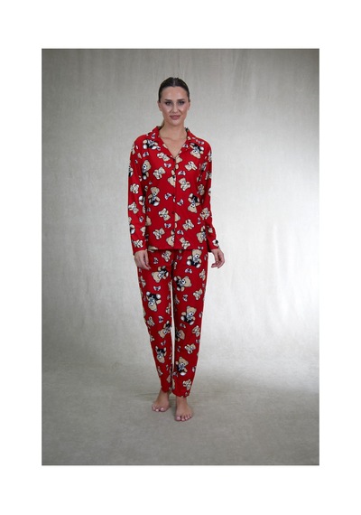 Estiva Kadın Ayıcık Desenli Önden Düğmeli Süet Pijama Takımı Kırmızı
