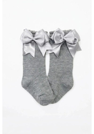 Cocole Socks Kız Çocuk Aksesuarlı Dizaltı Çorabı Tekli Pamuklu Düz Gri Fiyonklu