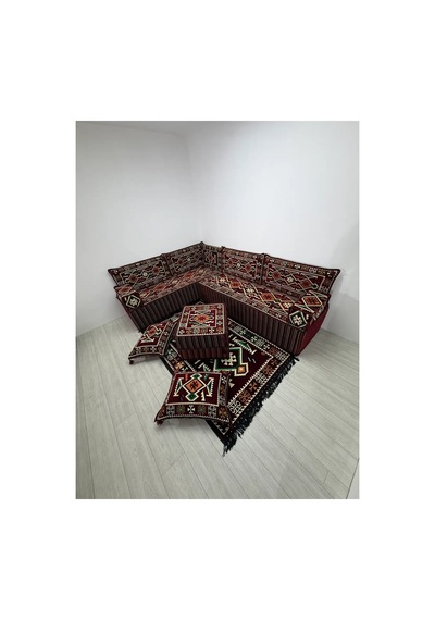 40 Cm Kalın Süngerli Bordo Anadolu Şark Köşesi - Kilim Desenli L Yer Minderi Seti